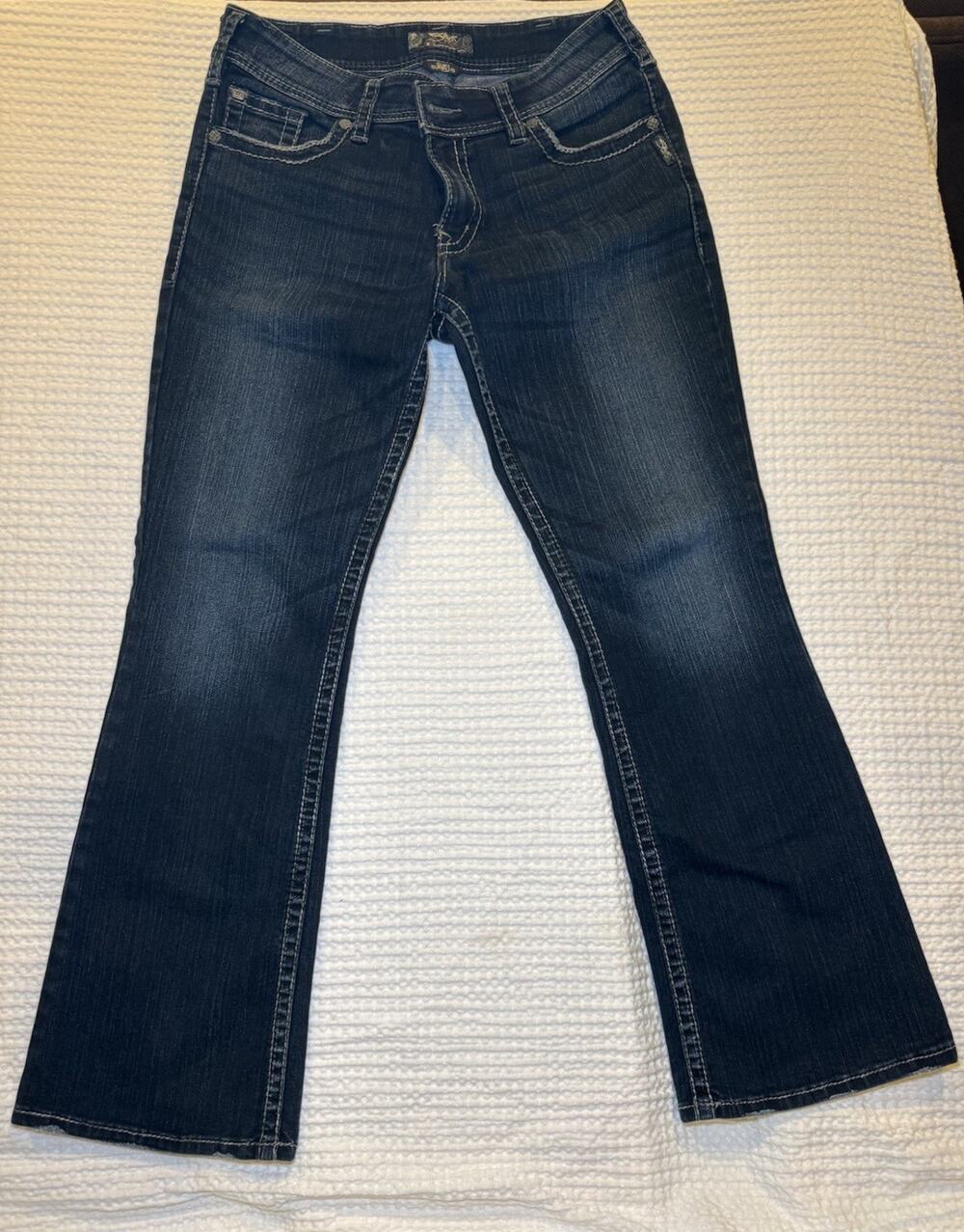 Silver Jeans Women's Mid Rise Bootcut Jeans Dark Wash Blue Denim 5-Pocket Logo
